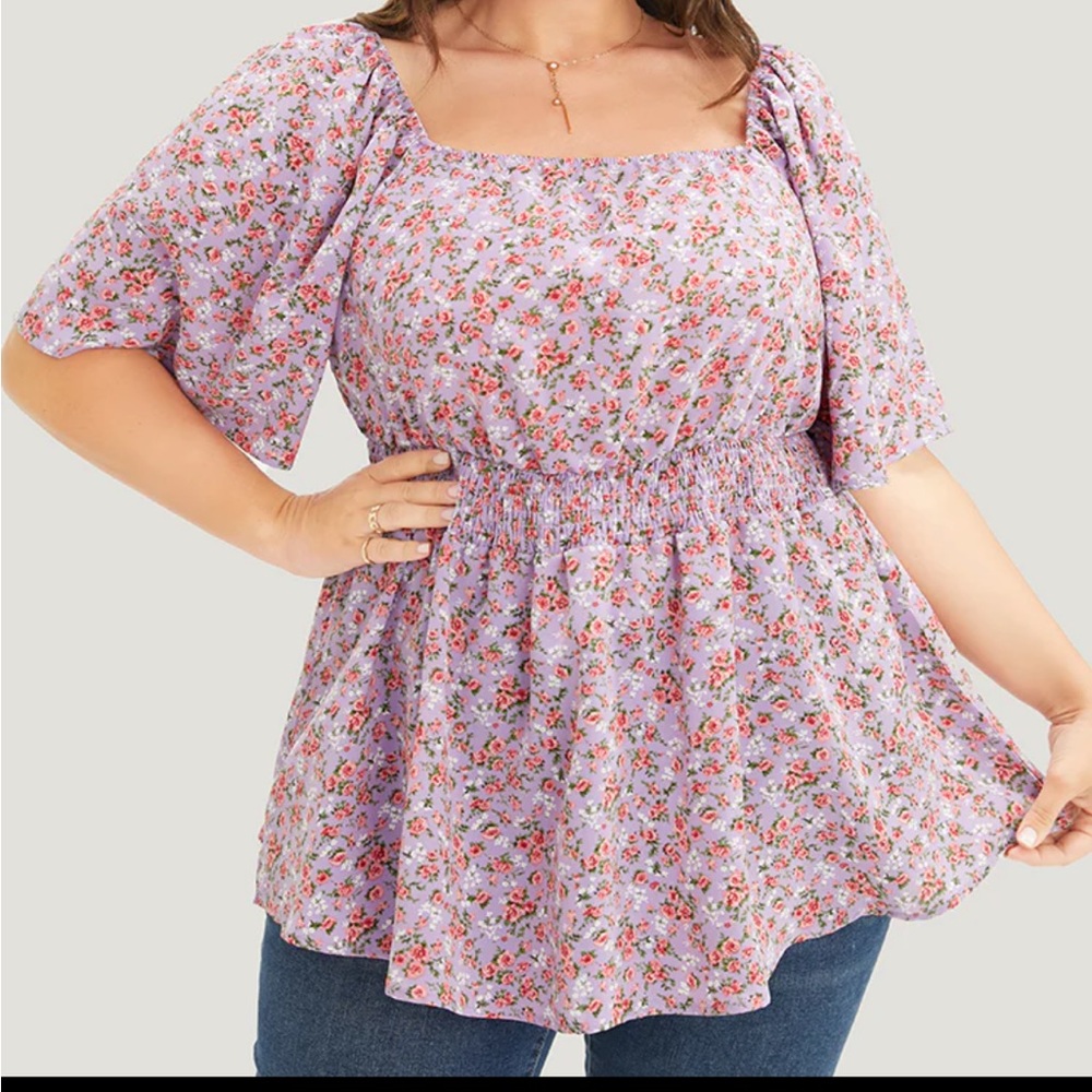 Ditsy Floral Ruffle Sleeve Shirred Square Neck Blouse